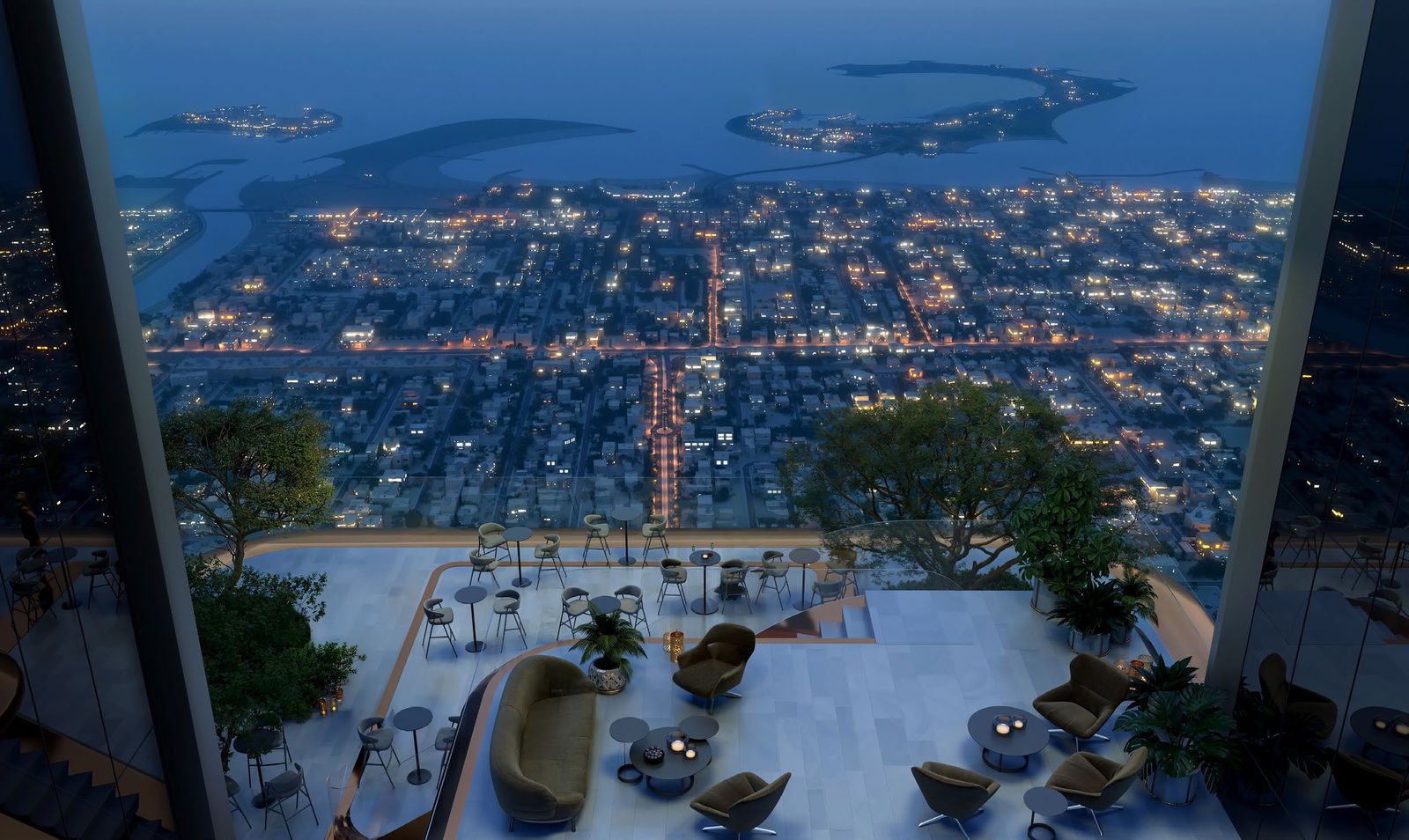 Clubhouse terrace at night with seating and views of Dubai from Berkeley Tower