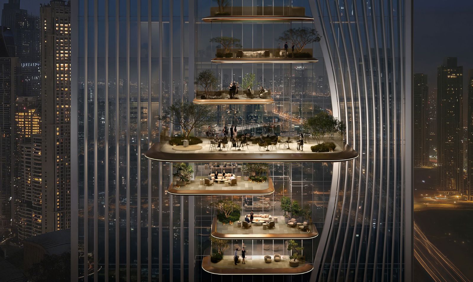 Landscaped clubhouse terraces on the Berkeley Tower facade at dusk