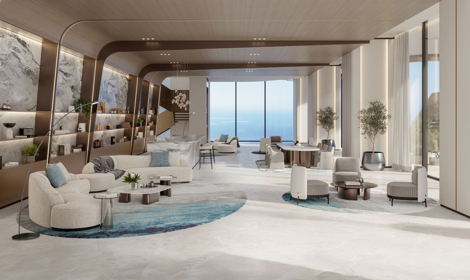 Clubhouse lounge at Berkeley Tower overlooking the Dubai skyline