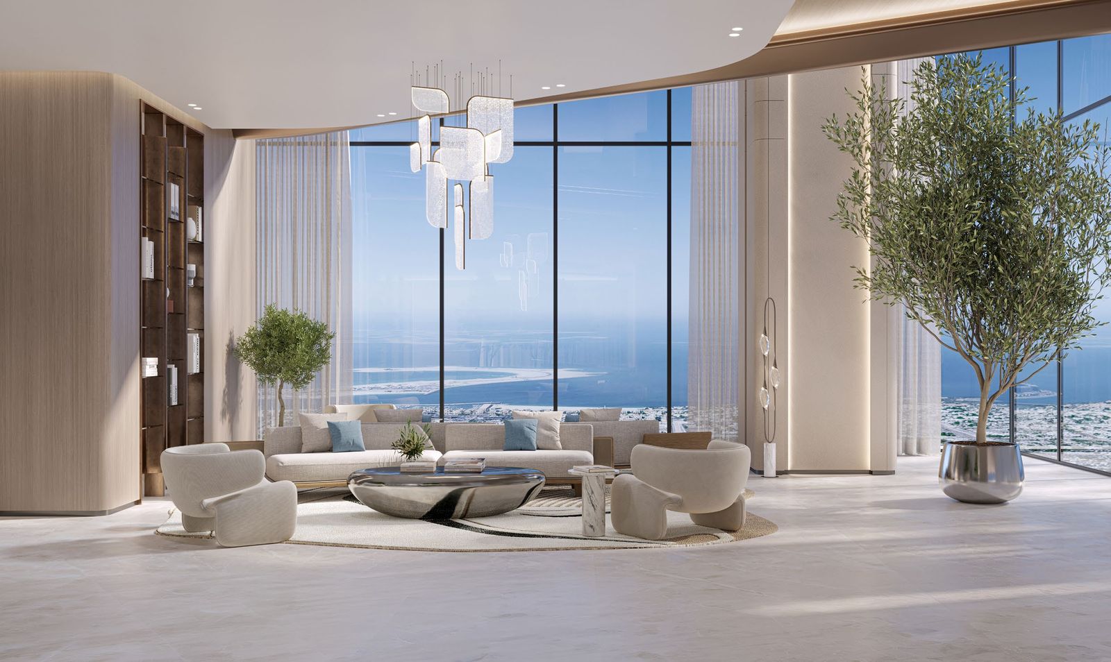 Co-working lounge at Berkeley Tower with floor-to-ceiling windows over Dubai