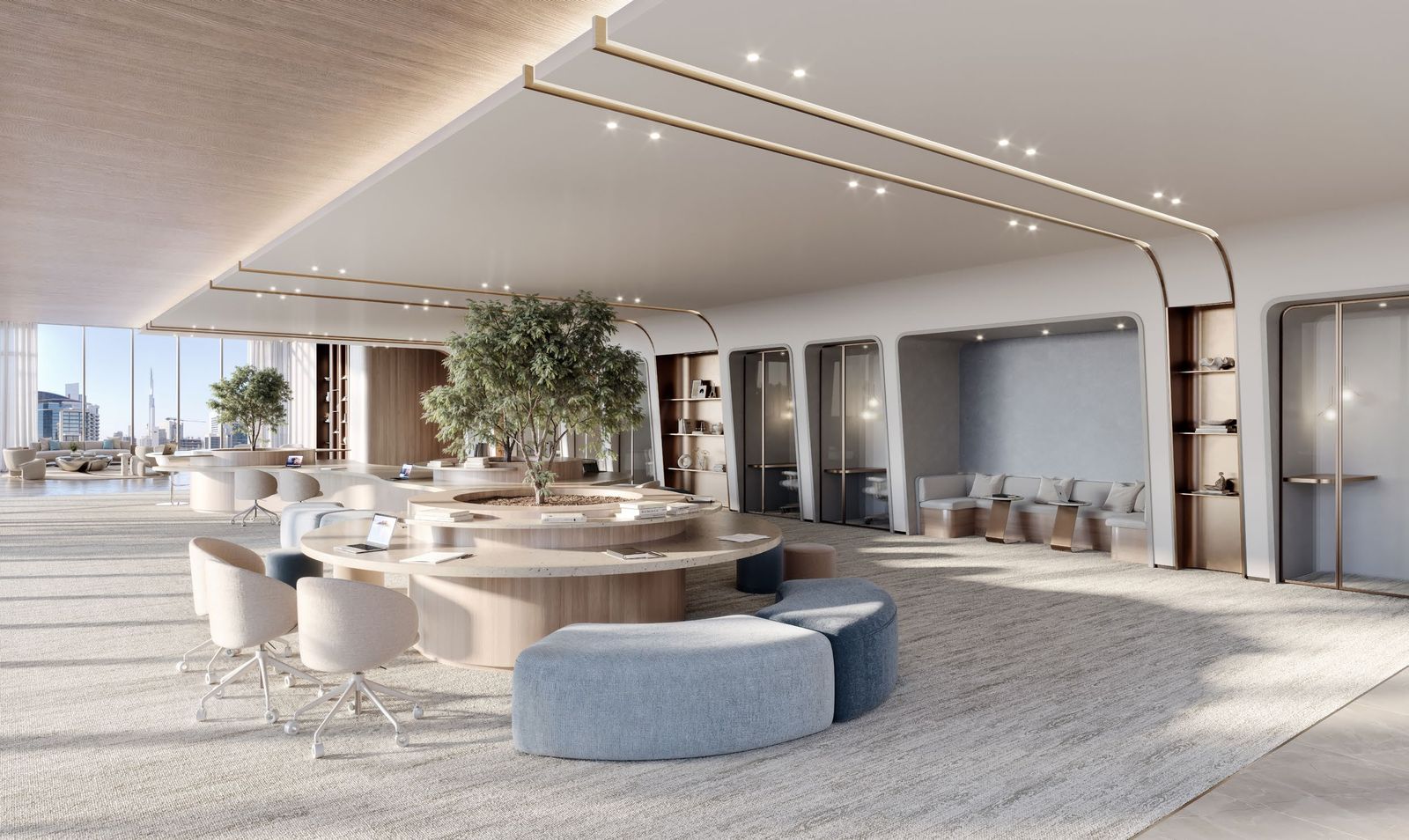 Open co-working area with communal seating at Berkeley Tower