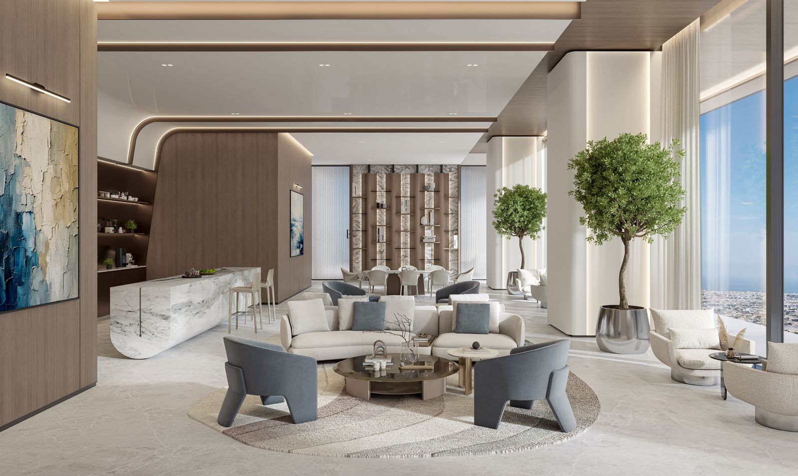 Co-working space at Berkeley Tower with lounge seating and city views