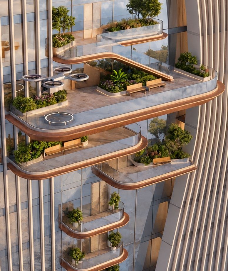 Landscaped terraces on Berkeley Tower designed to include drone delivery platforms