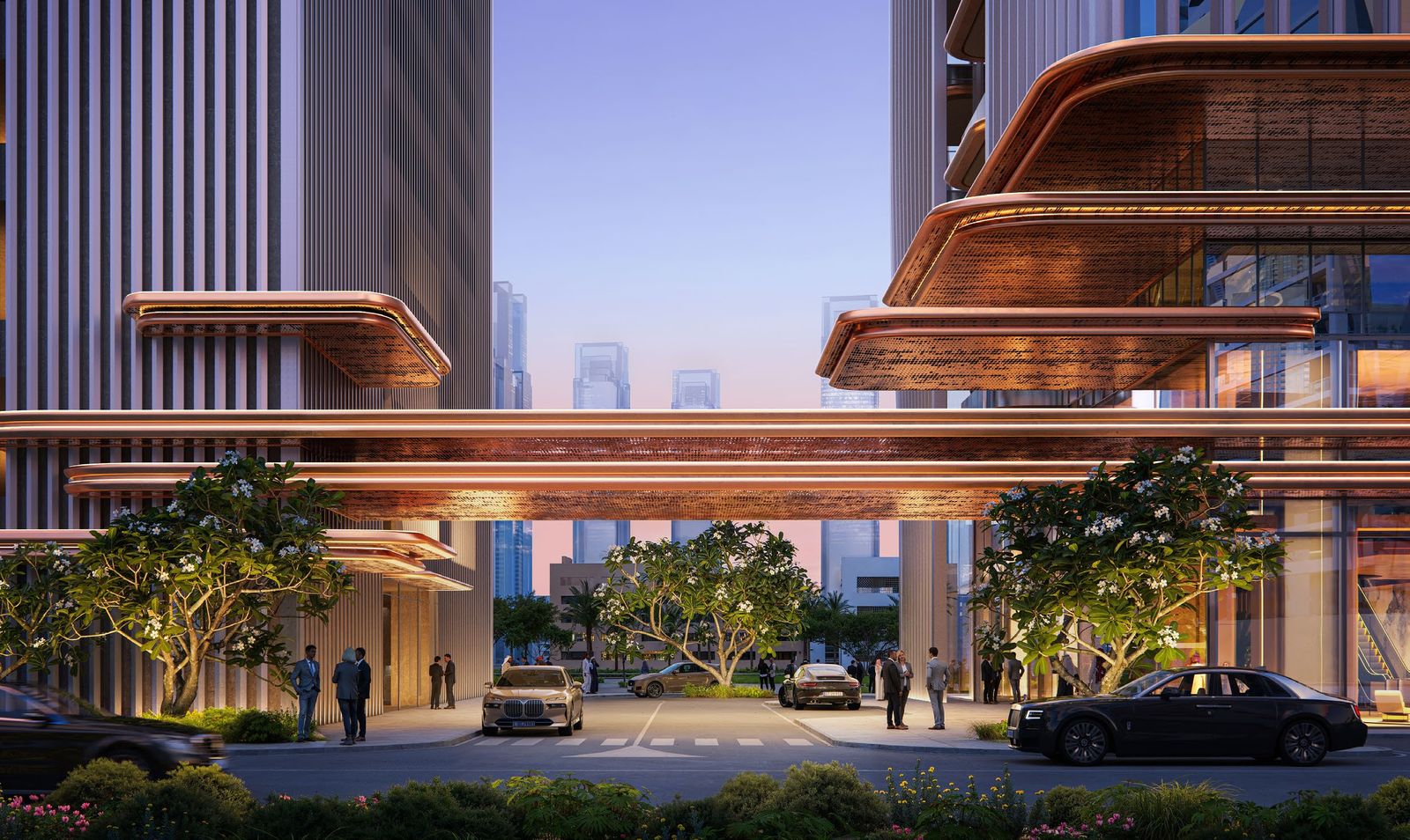 Covered drop-off area at the Berkeley Tower entrance in the evening
