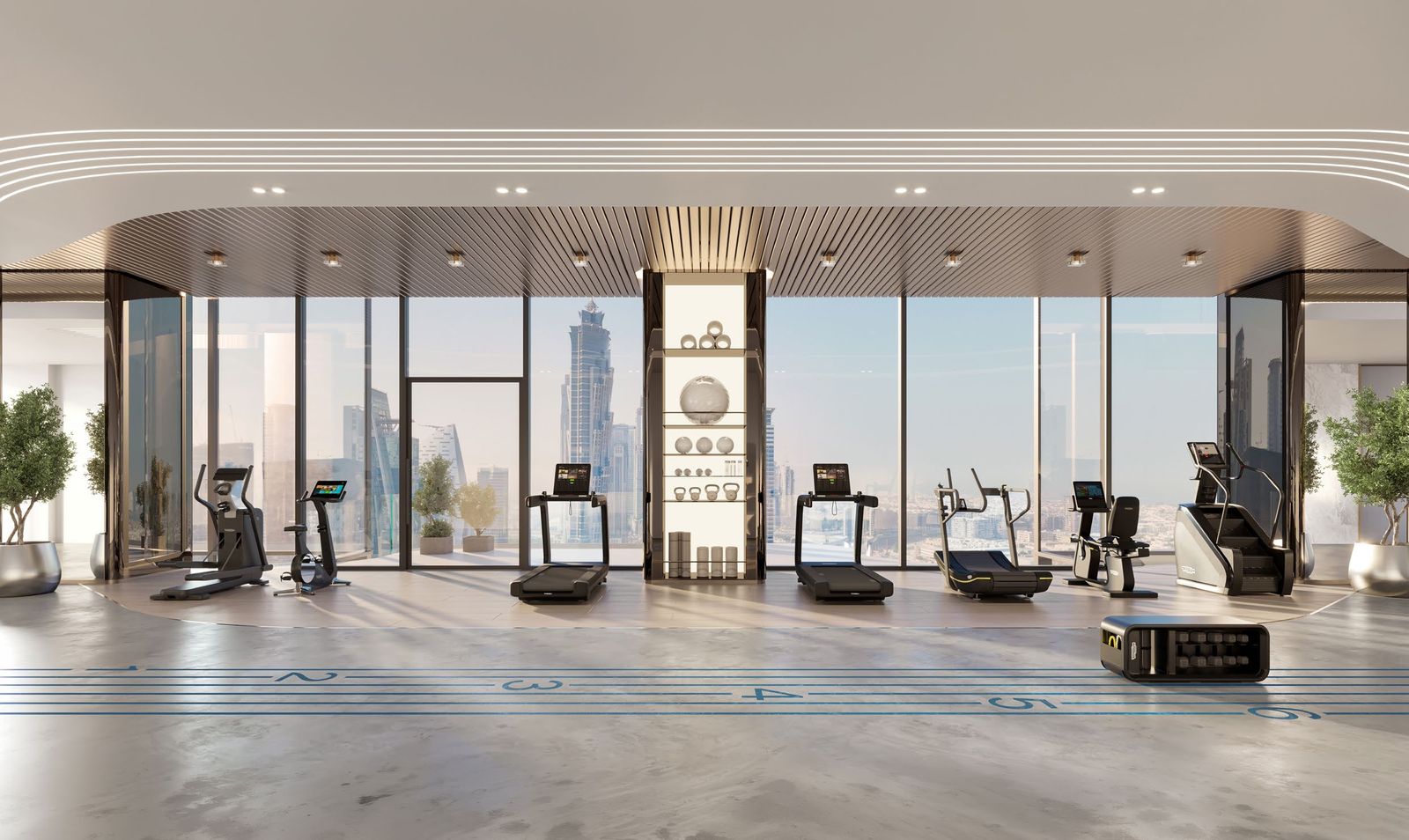 Fitness studio at Berkeley Tower with Burj Khalifa views
