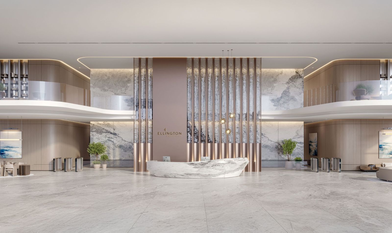 Double-height lobby reception at Berkeley Tower with timber screens and marble floor