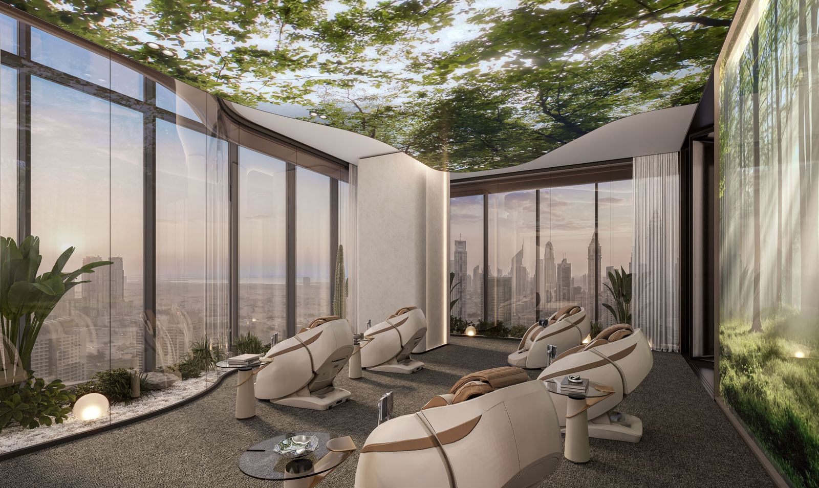 Rest and recharge zone with planting and loungers at Berkeley Tower
