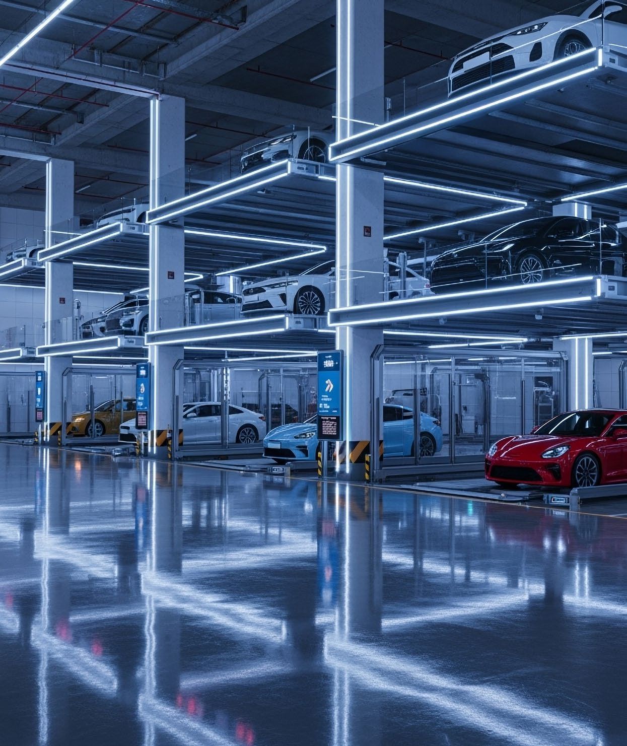 Automated robotic parking system at Berkeley Tower storing cars in illuminated bays