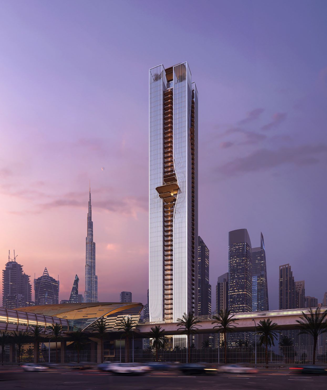 Berkeley Tower by Ellington Properties at dusk in Business Bay, Dubai
