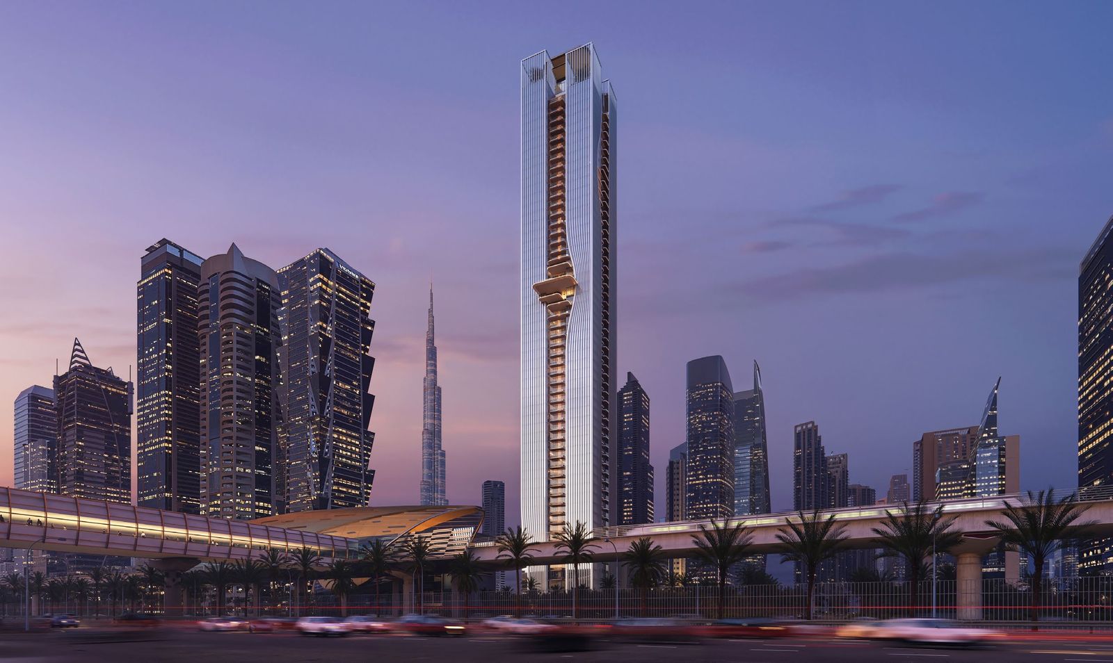 Berkeley Tower by Ellington Properties rising above Sheikh Zayed Road in Business Bay, Dubai, with Burj Khalifa behind