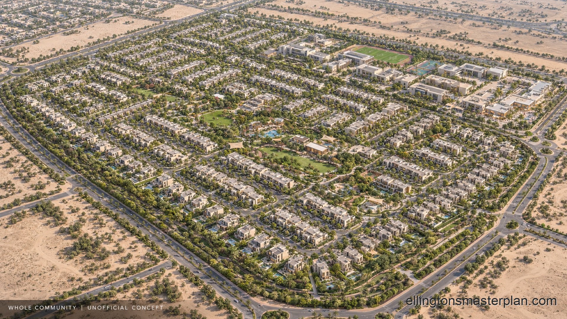 Unofficial concept aerial of Ellington's upcoming master community in Al Yalayis 1, Dubai