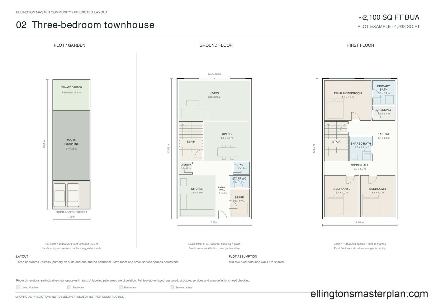 Predicted floor plan of a three bedroom townhouse: plot diagram, ground floor and first floor, about 2,100 sq ft built-up area, unofficial estimate