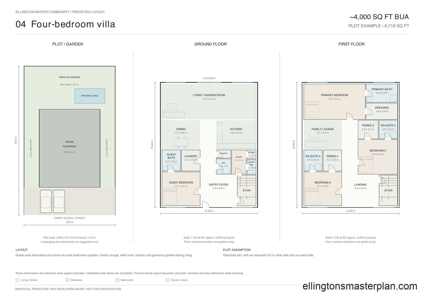 Predicted floor plan of a four bedroom villa: plot diagram with optional pool, ground floor and first floor, about 4,000 sq ft built-up area, unofficial estimate