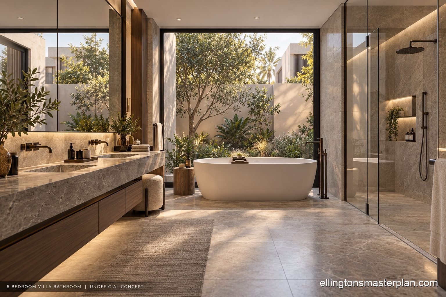 Concept of a courtyard bathroom in warm stone