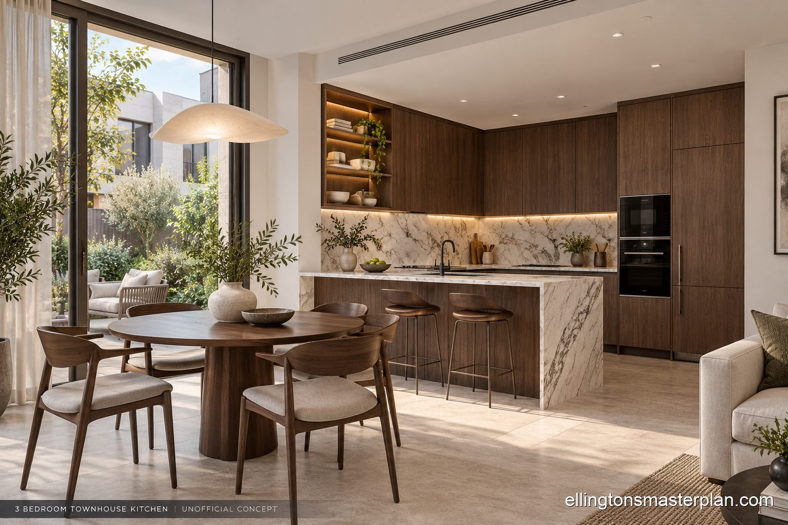 Concept of a townhouse kitchen with garden dining