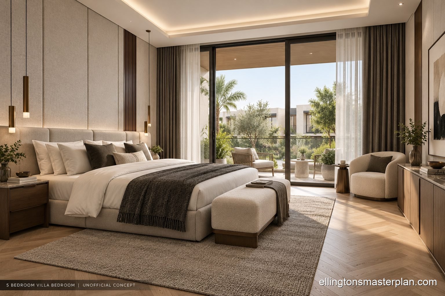 Concept of a villa bedroom with leafy garden views