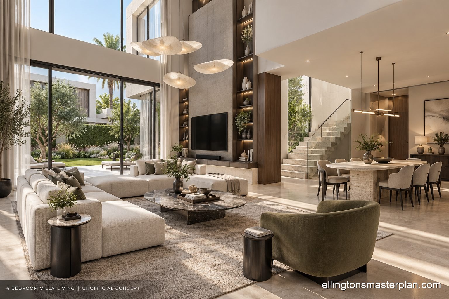 Concept of a villa living room with sculptural staircase